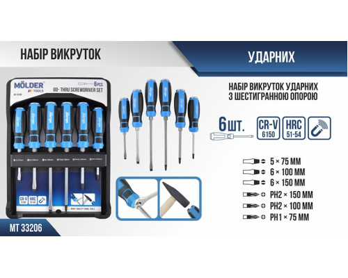 Набір ударних викруток під ключ 6шт Molder, Викрутки шліцеві та хрестові, Викрутки з магнітним наконечником
